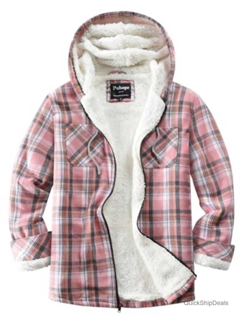 Sherpa Lined Flannel Plaid Fleece Zip Up Hooded Jacket